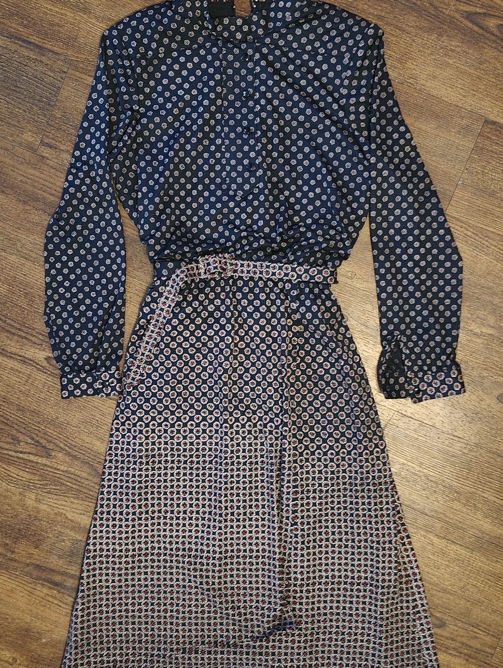 Black Calf Length, Long Sleeve Dress With Red And Tan Pattern And  Belt
